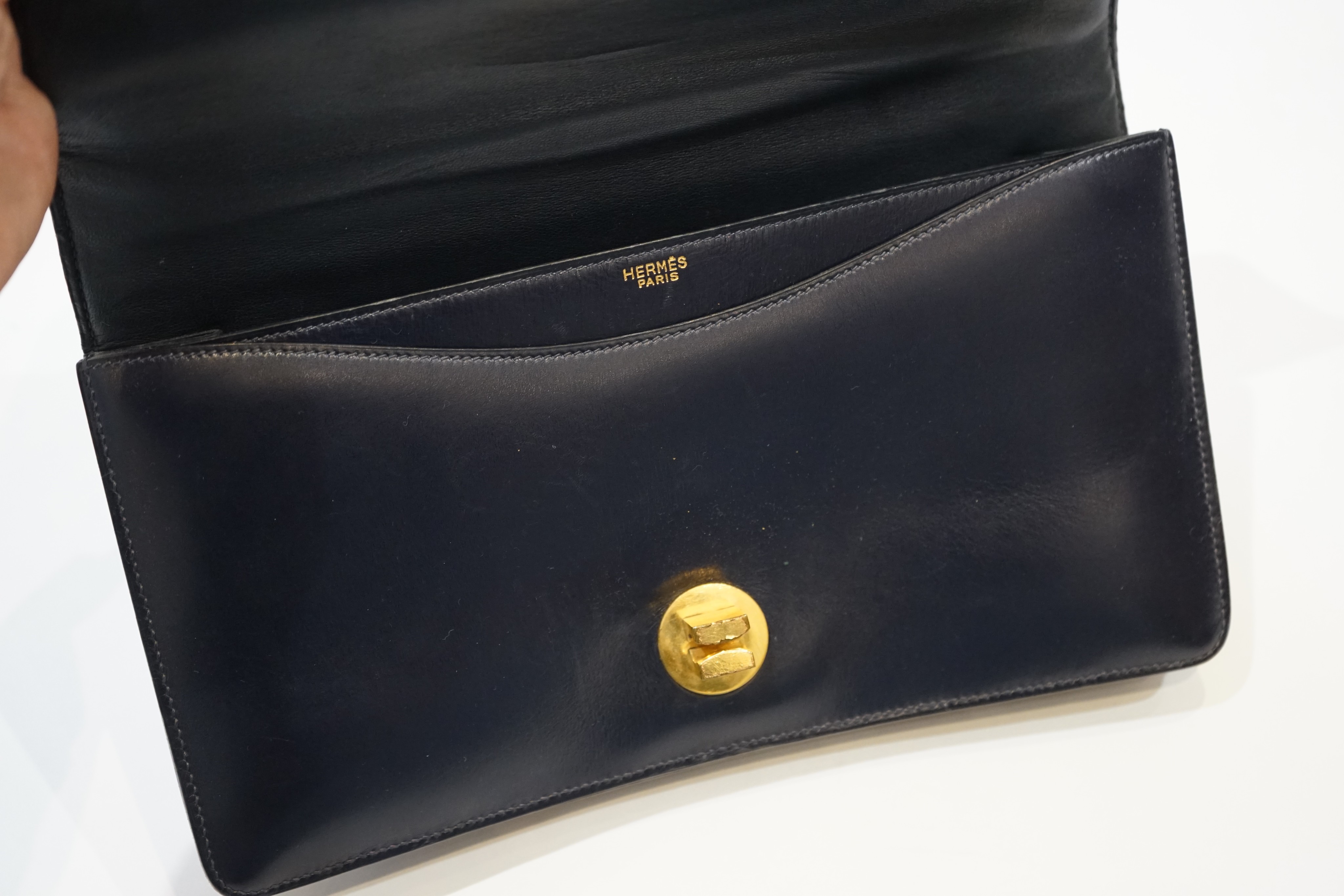 A vintage Hermes Ring handbag in bleu marine Veau Box leather, circa 1960-1969 27cm.